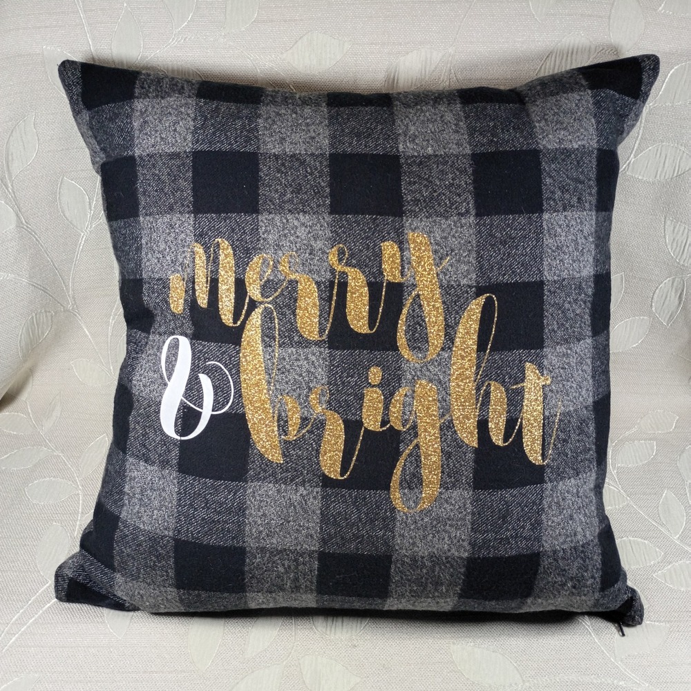 Merry & Bright Buffalo Plaid Throw Pillow Feather Down Black Grey Gold Glitter